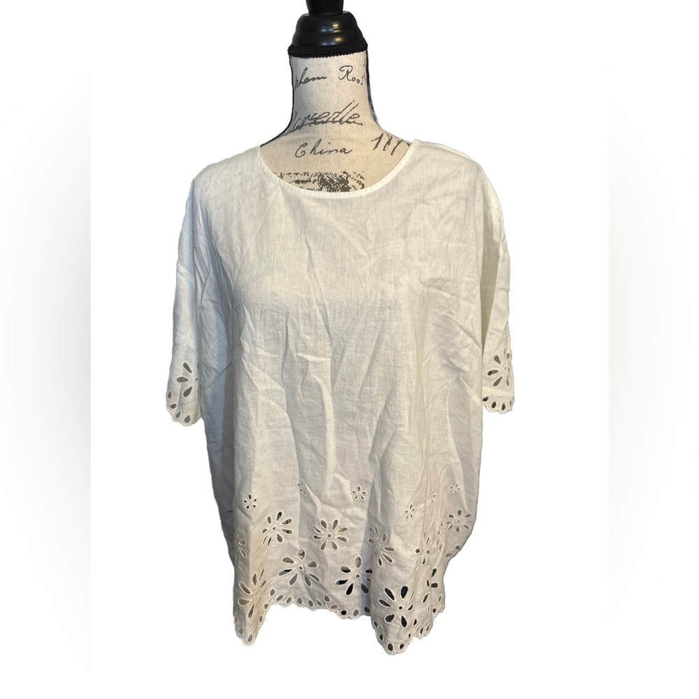 Madewell Womens Linen-Blend Blouse Embroidered Top Plus White Size 2X